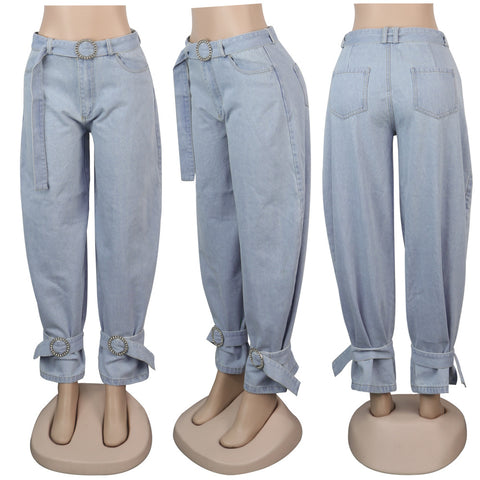 Sonicelife Women Casual Wide Leg Bandage Jeans Autumn Fashion High Waist Loose Trousers Light Blue Plus Size Pants Streetwear Hot