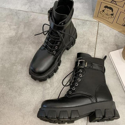 Sonicelife 2023 Black Platform Combat Ankle Boots For Women Lace Up Buckle Strap Woman Shoes Winter Biker Boots Big Size