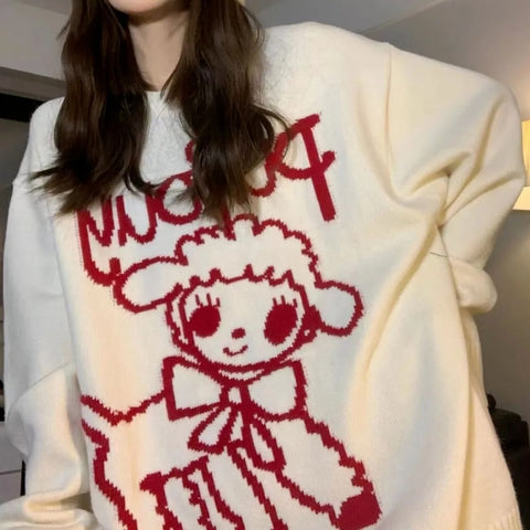 Sonicelife  Kawaii Korean Style Sheep Print Oversize White Sweater Women Cute Harajuku Hip Hop O-Neck Jumper Female Top Winter 2023