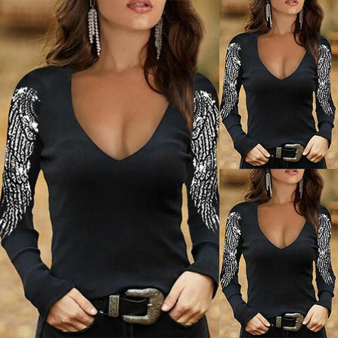Elegant 2021 Autumn Tops New Fashion Ladies V-Neck Solid Color Slim T-Shirt Casual Wing Print Long Sleeve Women O-Neck Clothing