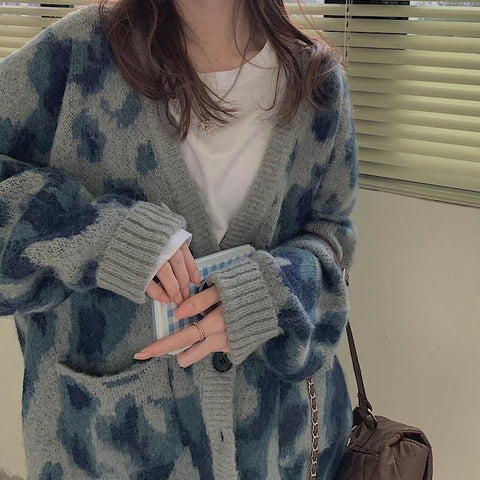 Sonicelife  Korean Style Leopard Print Knitted Cardigan Sweater Women Harajuku V-Neck Long Sleeve Oversize Jumper Pullover Female