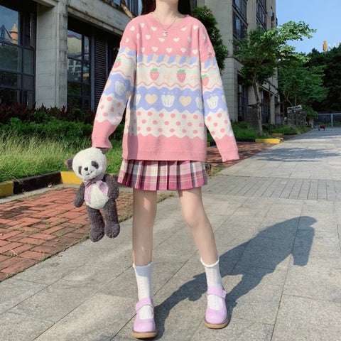 Sonicelife  Kawaii Korean Style Pink Strawberry Print Sweater Women Preppy Fashion Cute Oversize Jumper Female Sweet Girl Tops