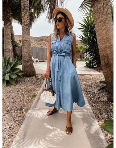 Back To School Outfit Sonicelife  Blue Sleeveless Denim Dresses For Women 2022 Ladies Midi Vestidos Casual  Sundress Indie Summer Belted Beach Robe Large XL