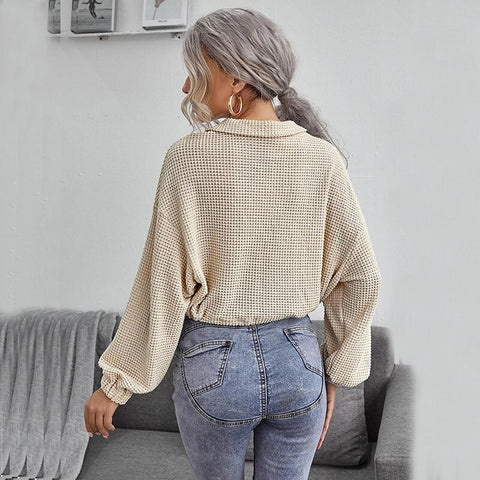 Women's Oversize Sweater Short Polo Collar Long Sleeve Top Solid Apricot Loose Knitted Pullover Autumn Sweetshirts for Women