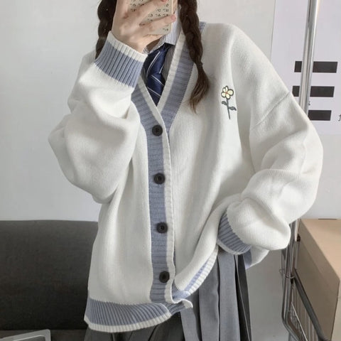 Sonicelife  Preppy Fashion Flower Print Oversize Sweater Cardigan Women Harajuku Kawaii White V-Neck Jumper Pullover Female Tops