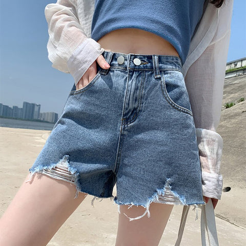 Woman Jeans Shorts Ripped Clothes High Waisted 2021 Summer Streetwear Baggy Wide Leg Vintage Fashion The New Blue Harajuku Pants