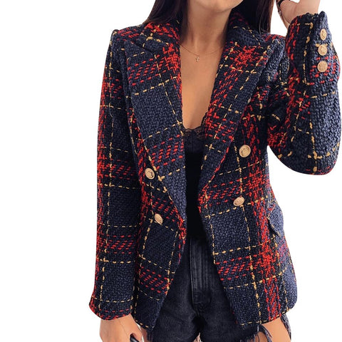 Elegant Office Lady Blazer Women Coat Short Plaid Coat Female 2023 Autumn Business Blazer Long Sleeve Double Breasted Jackets