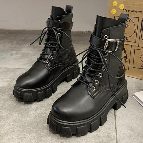 Sonicelife 2023 Black Platform Combat Ankle Boots For Women Lace Up Buckle Strap Woman Shoes Winter Biker Boots Big Size