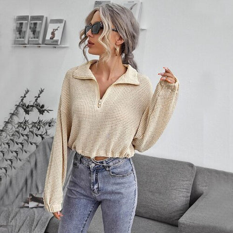 Women's Oversize Sweater Short Polo Collar Long Sleeve Top Solid Apricot Loose Knitted Pullover Autumn Sweetshirts for Women