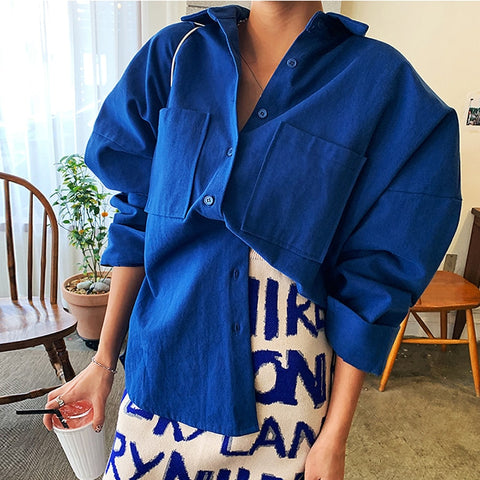 Sonicelife 2023 New Women Solid Corduroy Batwing Sleeve Vintage Blouse Turn-Down Collar Loose Top Button Up Blue Shirt Feminina Blusa