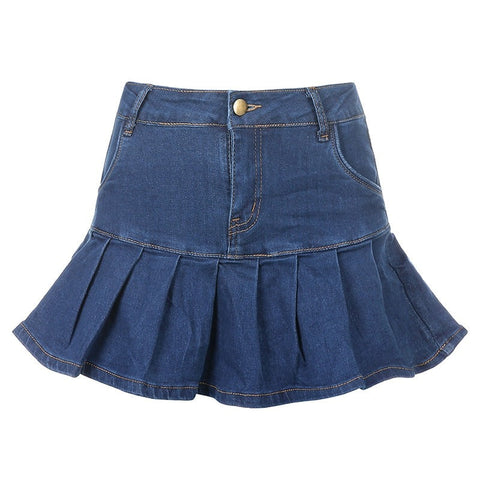 Weekeep Women Jeans Skirts High Waist Fashion Pleated Skirt Buttons Fly Rave Party Club Streetwear New Ruffles Skinny Blue Skirt 0424