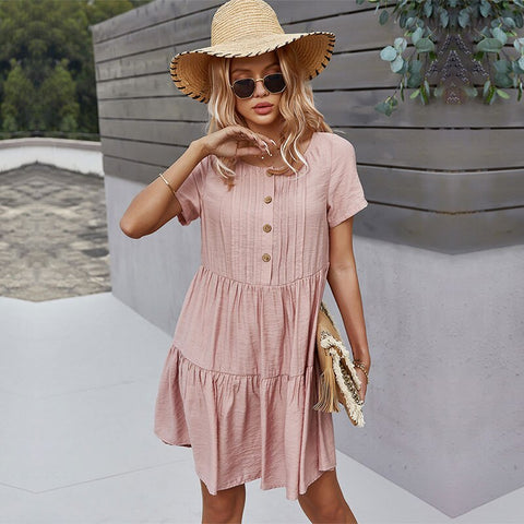 Spring New Solid Short Dress Women 2023 Casual O Neck Button Summer Dress Ladies Loose Short Sleeve A Line Dresses