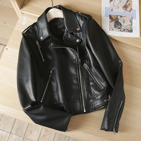 2023 New Autumn Winter Women Black Faux Leather Jacket Fashion Solid Zipper Biker Coat Female