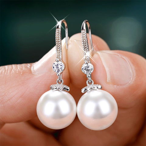 Elegant Round Imitation Pearl Dangle Earrings Dazzling CZ Women Engagement Wedding Graceful Accessories Fashion Earrings