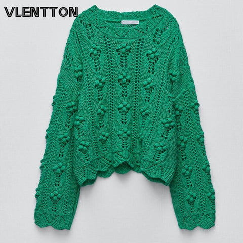 New Autumn Winter Women Green Hollow Out Knitted Sweater O Neck Tops Casual Female Long Sleeve Loose Pullover Jumper