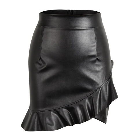 Women Vintage Ruffles Irregular Skirt  PU Leather Party Skirts Solid Bodycon Pencil Mini Skirt Female Faux Leather Skirt D30