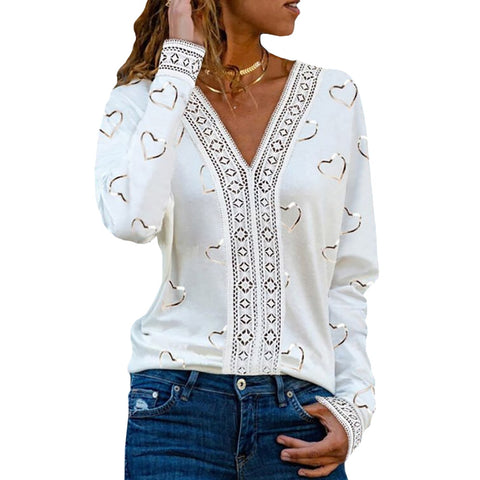 Fashion Lace Stitching Office Lady Elegant Blouses Tops Heart-Shaped Print White Long Sleeve  V Neck Loose Female Pullover