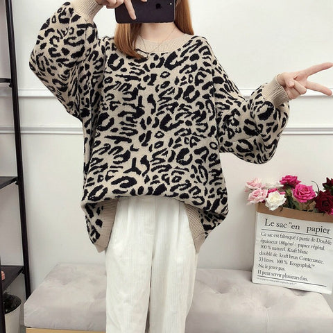 Knitted Korean Sweaters for Women 2023 Autumn Winter Lantern Sleeve Leopard Pullovers Jumper Thick Warm Cashmere Sweater Female