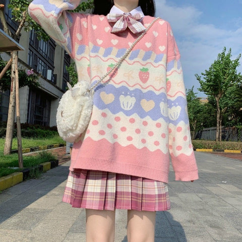 Sonicelife  Kawaii Korean Style Pink Strawberry Print Sweater Women Preppy Fashion Cute Oversize Jumper Female Sweet Girl Tops