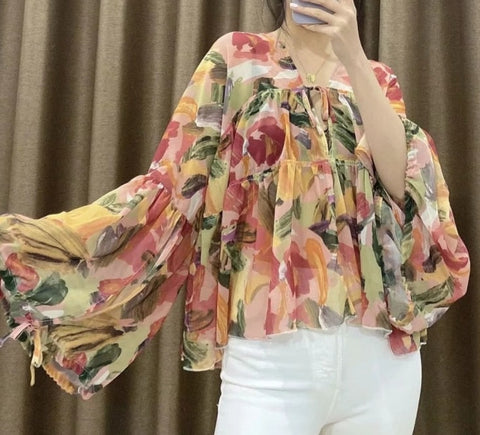 Back  To School Outfit Sonicelife   Women Printed Chiffon Shirt V Neck Sunscreen Clothing Summer Female Flare Sleeve Blouse Casual Lady Loose Tops Blusas S8662