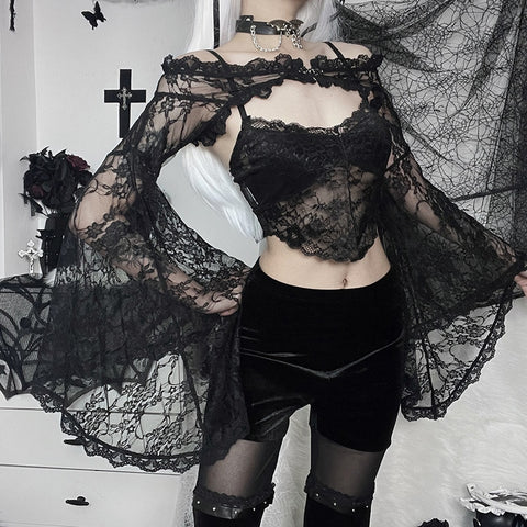 Sonicelife Halloween Goth Long Sleeves Smock T Shirt Vintage Black Lace One Shoulder Grudge Aesthetic Overall Y2K  Crop Top 2023