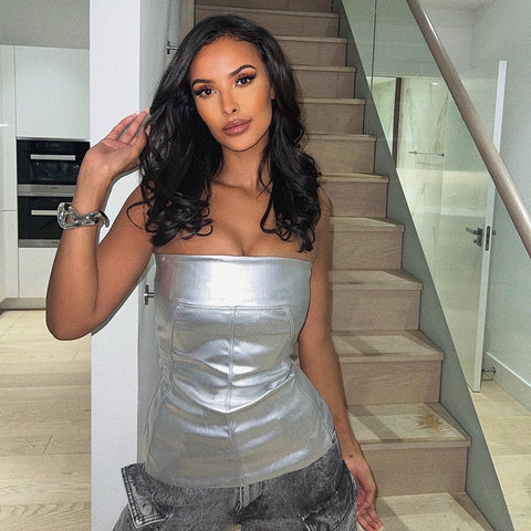 Sonicelife Y2k Metallic Silvery Busiter Tube Top Sexy Women Backless Strapless Clubwear Crop Top Street Style Pullover Sleeveless Outfits