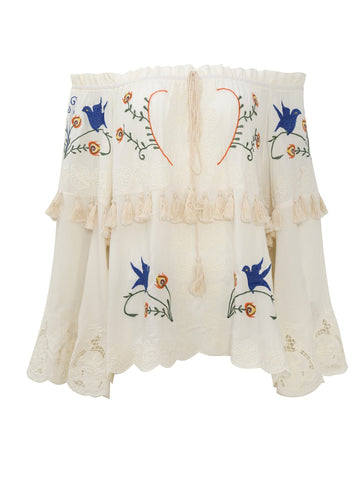 Off-shoulder Top Vintage Embroidery Blouse Shirt Hollow out Tassel Chic Boho Tops Loose Casual Women Shirts Blouses