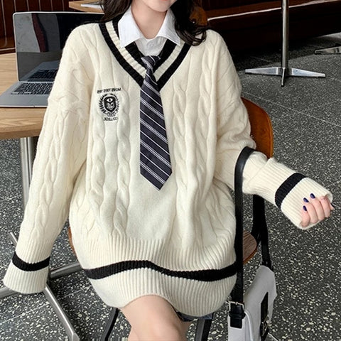 Sonicelife  Deeptown Preppy Fashion Beige Knitted Sweater Women Korean Style Printed V-Neck Long Sleeve Oversize Jumper Pullover Female Tops