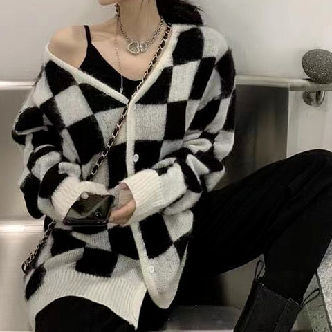 Sonicelife  Korean Style Plaid Oversize Cardigan For Women Harajuku Black Sweater Sweat Girl Vintage V-Neck Jumper Female Tops