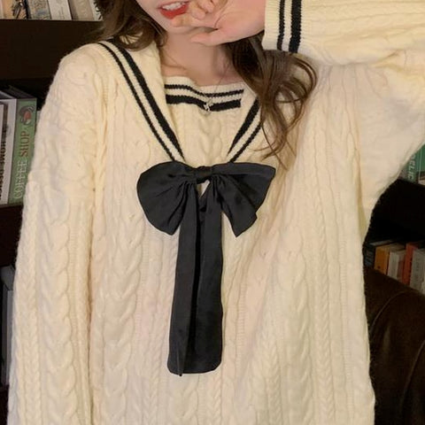 Sonicelife  Korean Style Sailor Collar White Knitted Sweater Women Preppy Fashion Oversize Long Sleeve Jumper Pullover Female Tops