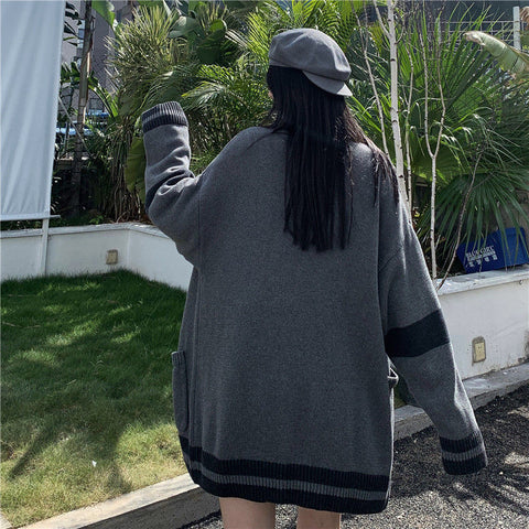 Sonicelife Korean Style Grey Solid Cardigan Sweater Women Preppy Fashion V-Neck Oversize Knitted Jumper Female Fall Streetwear Top