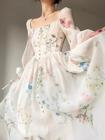 French Elegant Floral Midi Dress Chiffon Long Sleeve Evening Party Dress Woman Beach Fairy One Piece Dress Korean spring dresses for women 2023