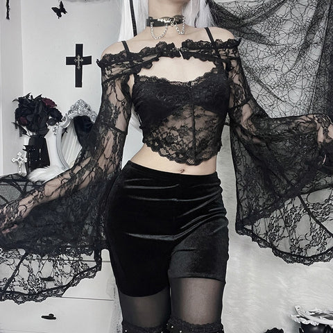 Sonicelife Halloween Goth Long Sleeves Smock T Shirt Vintage Black Lace One Shoulder Grudge Aesthetic Overall Y2K  Crop Top 2023