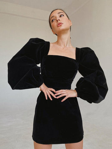 Square Collar Black Bubble Sleeve Long Sleeve Velvet Dress Autumn Winter Mini Length Zipper for Party  2023 New Arrivals