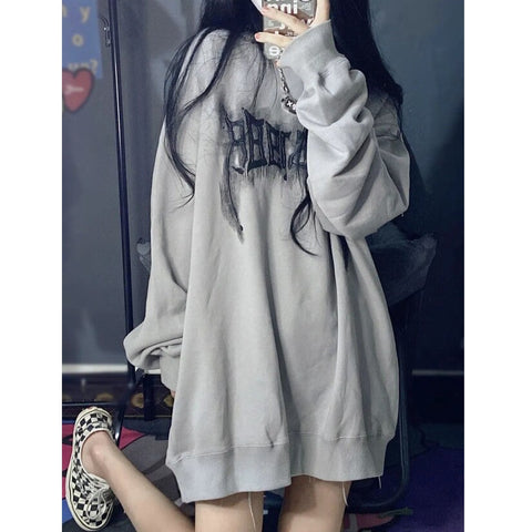 Sonicelife Y2K Vintage Letter Print Hoodies Women Harajuku Grunge Graphic Sweatshirts Loose Casual O-Neck All-Match Pullover Tops