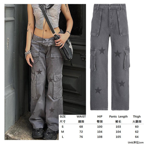 Sonicelife Low Waist Vintage Jeans Star Retro Multipockets Cargo Pants Streetwear Fashion Y2k Grunge Gray Aesthetic Clothes 90s