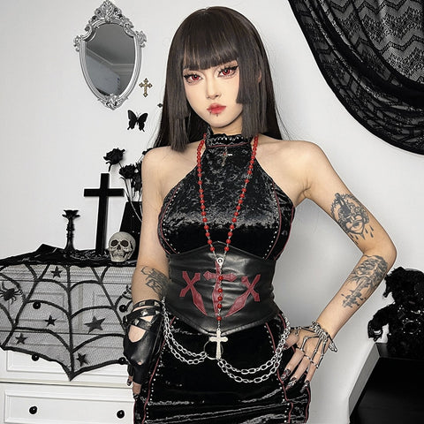 Sonicelife Halloween Gothic PU Leather Corsets Clothes Vintage Darkness Chain Lace Up Cross Cummerbund Women Harajuku  High Waist Shaper