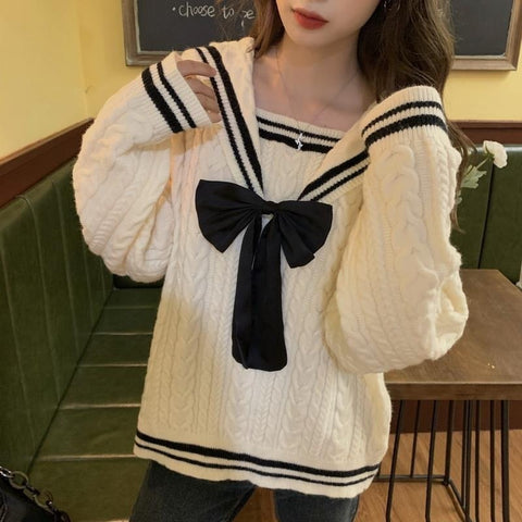 Sonicelife  Korean Style Sailor Collar White Knitted Sweater Women Preppy Fashion Oversize Long Sleeve Jumper Pullover Female Tops