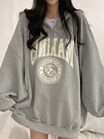 Sonicelife Hip Hop Zip Up Oversized Hoodies Women Harajuku Letter Print Sweatshirts Gray Vintage Long Sleeve Casual Tops Grunge