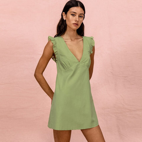 Sonicelofe Cotton Ruffles Sleeveless Straight Dress Women V-Neck Green Casual Elegant Mini Length 2023 Summer New Arrivals