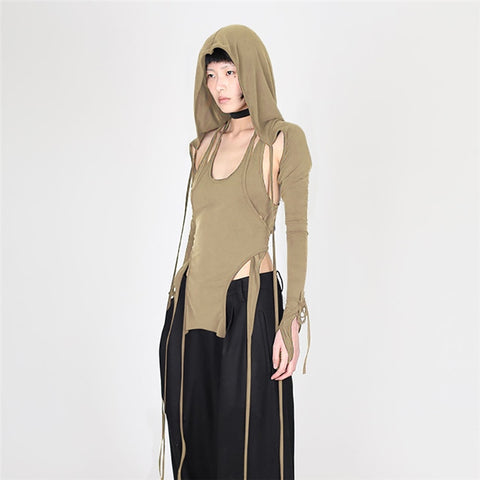 Sonicelife Halloween Fairy Grunge Long Sleeve Hooded Crop Top Y2k Streetwear Strappy Asymmetrical Trendy  T Shirts for Women