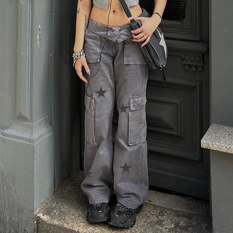 Sonicelife Low Waist Vintage Jeans Star Retro Multipockets Cargo Pants Streetwear Fashion Y2k Grunge Gray Aesthetic Clothes 90s