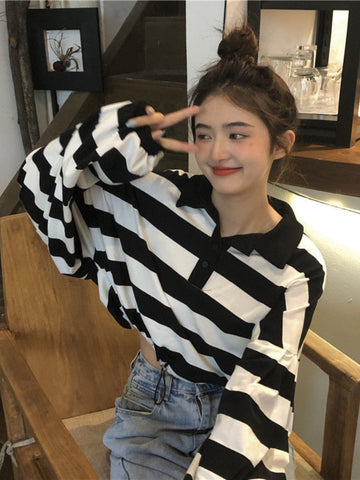 Black Friday Sonicelife Black White Striped Sweatshirts Women Harajuku Vintage Polo Oversized Hoodies Casual Long Sleeve Loose Crop Tops Korean