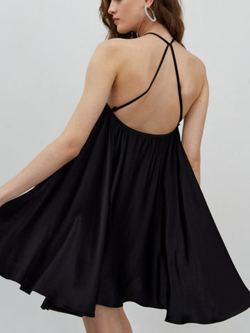 Sonicelife Black Sexy Slip Dress 2023 New in Summer Korean Style Fashion Mini Backless Satin Halter Loose Sundress Short Women's Clothing