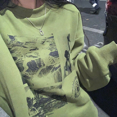 Black Friday Sonicelife Korean Style Print Green Hoodie Women Oversize Sweatshirt Female Harajuku Fashion Long Sleeve Pullover O-Neck Tracksuit