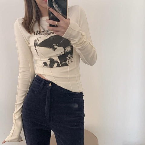 Yedinas Casual Slim T-shirt For Women O Neck Long Sleeve  Crop Top Grunge Letters Print Female Korean Fashion Clothing 2023